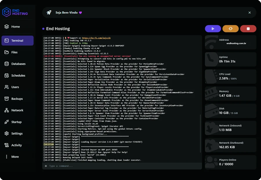 Prévia do painel de gerenciamento de servidores da End Hosting